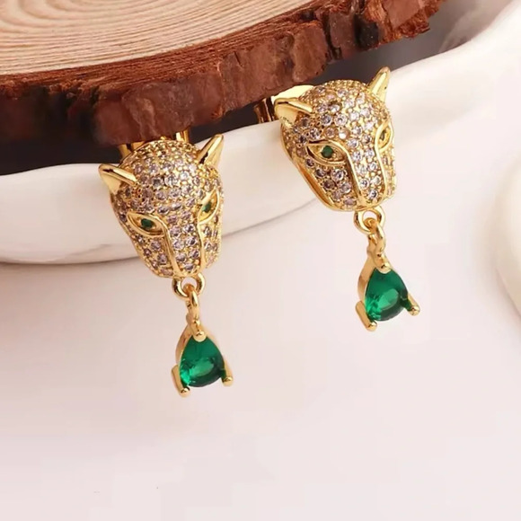Panthere Green Emerald Gold Crystal Earrings - Picture 1 of 6